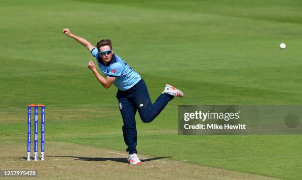 Liam Dawson of England bowls during a England One Day Squad Warm up match at The Ageas Bowl on July 24, 2020 in Southampton, England.