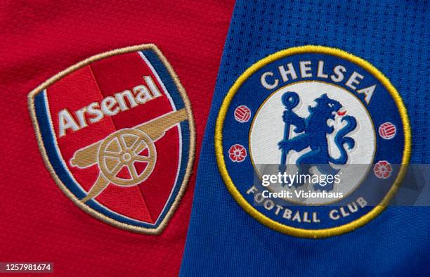 The Arsenal and Chelsea club crests on the first team home shirts on July 24, 2020 in Manchester, United Kingdom.