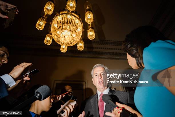 Speaker of the House Kevin McCarthy speaks with reporters as he leaves the House Chamber at the U.S. Capitol on Thursday, May 25, 2023 in Washington,...
