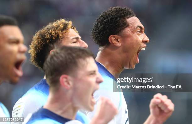 Bashir Humphreys of England celebrates with teammates after scoring the opening goal during the FIFA U-20 World Cup Argentina 2023 Group E match...