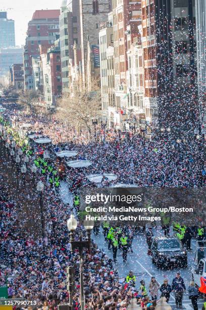 February 4, 2019: Large crowds line Boylston Street for the New England Patriots Super Bowl LIII rolling rally victory parade on Tuesday, February 5,...