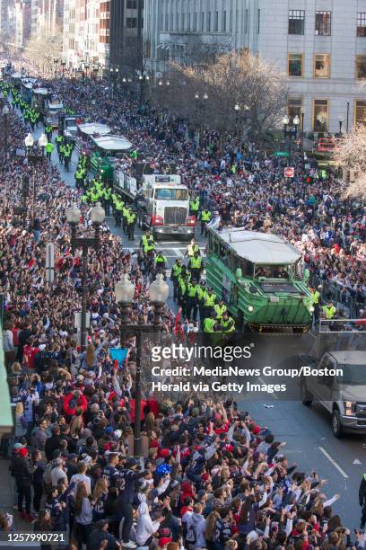 February 4, 2019: Large crowds line Boylston Street for the New England Patriots Super Bowl LIII rolling rally victory parade on Tuesday, February 5,...