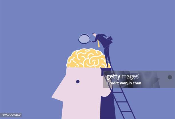 businessman looking in giant brain - determination face work stock illustrations