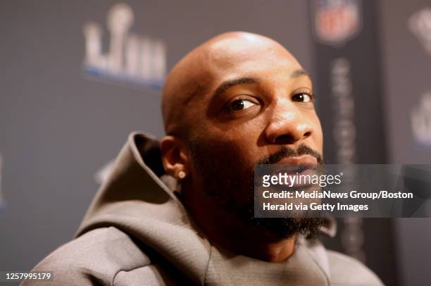 Aqib Talib of the Los Angeles Rams takes questions during the team availability in advance of Super Bowl LIII on January 29, 2019 in Atlanta, GA.