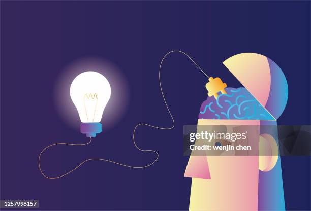 illustrazioni stock, clip art, cartoni animati e icone di tendenza di il cervello ricarica la luce, l'ispirazione creativa - computer cable