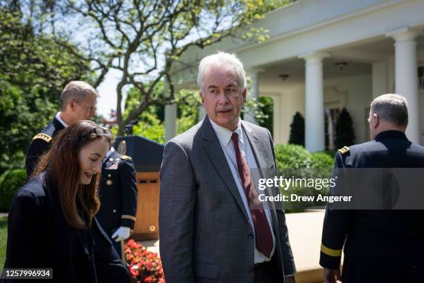 Director of National Intelligence Avril Haines and CIA Director William Burns depart an event where President Joe Biden announced his intent to...