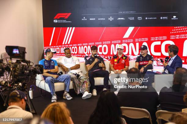 Alexander Albon, Lewis Hamilton, Pierre Gasly, Charles Leclerc and Valtteri Bottas are seen during a press conference ahead of the F1 Grand Prix of...