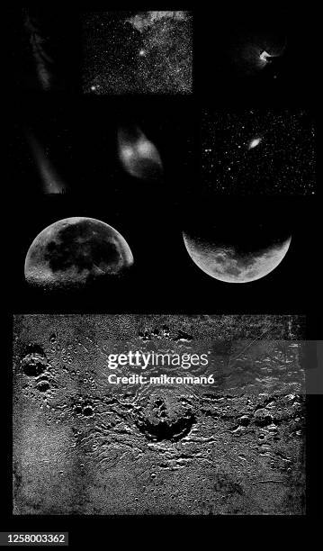 old engraved illustration of astronomy, moon's moon's mountains and craters - astro stadium stock pictures, royalty-free photos & images