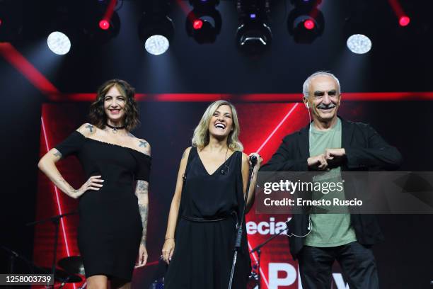 Ema Stokholma, Irene Grandi and Gino Castaldo attend "Back2Back" Radio show at Rai Radio 2 on July 21, 2020 in Rome, Italy.