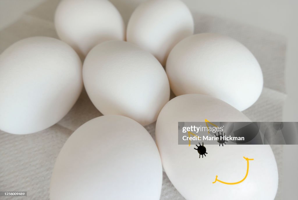 Group of eggs, one egg has a smiley face drawn on it.