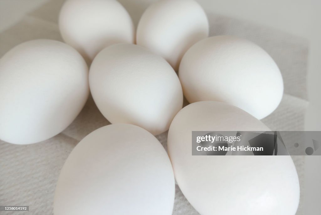Group of seven eggs lying on a paper towel.