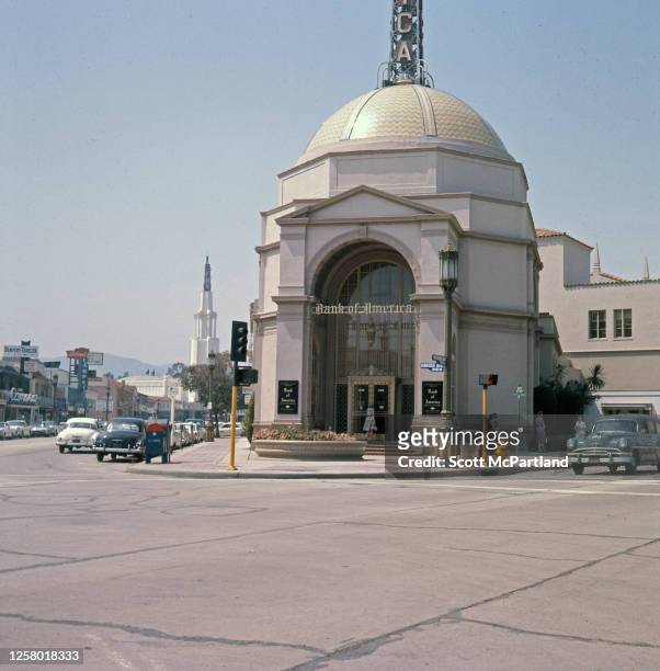 View, looking north, of the Bank of America building at the intersection of Westwood Boulevard and Kinross Avenue, in the Westwood Village...