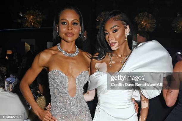 Emma Weymouth, Marchioness of Bath, and Winnie Harlow attend the amfAR Cannes Gala 2023 at Hotel du Cap-Eden-Roc on May 25, 2023 in Cap d'Antibes,...