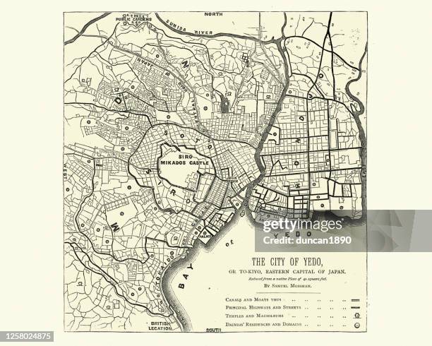 vintage map plan of yedo (tokyo), japan, 1870s, 19th century - edo period stock illustrations