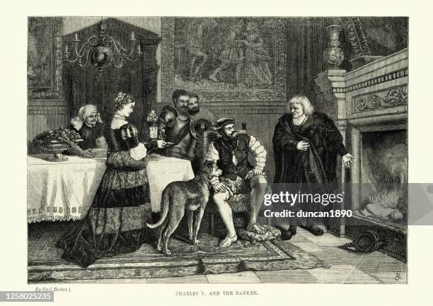 illustrations, cliparts, dessins animés et icônes de charles v et le banquier (jakob fugger) 16ème siècle - dynastie des habsbourg