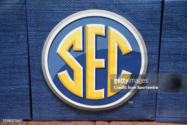 General view of the Southeastern Conference logo on the field at the 2023 SEC Baseball Tournament game between the Texas A&M Aggies and the South...