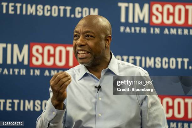 Senator Tim Scott, a Republican from South Carolina, during a campaign event at New Hampshire Institute of Politics in Manchester, New Hampshire, US,...