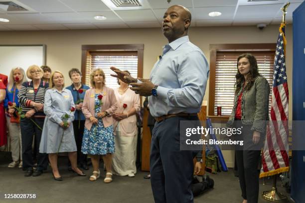 Senator Tim Scott, a Republican from South Carolina, during a campaign event at New Hampshire Institute of Politics in Manchester, New Hampshire, US,...