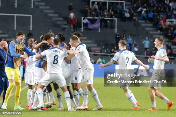 Players of England celebrate their third goal during the FIFA U-20 World Cup Argentina 2023 Group E match between Uruguay and England at Estadio La...