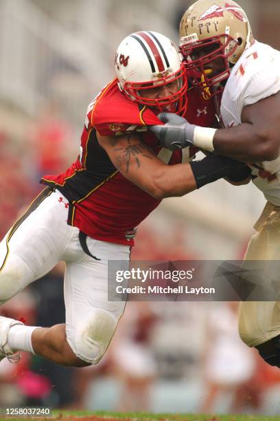 Shawne Merriman of the Maryland Terrapins blocks during a college football game against the Florida State Seminoles on October 30, 2004 at Bryd...