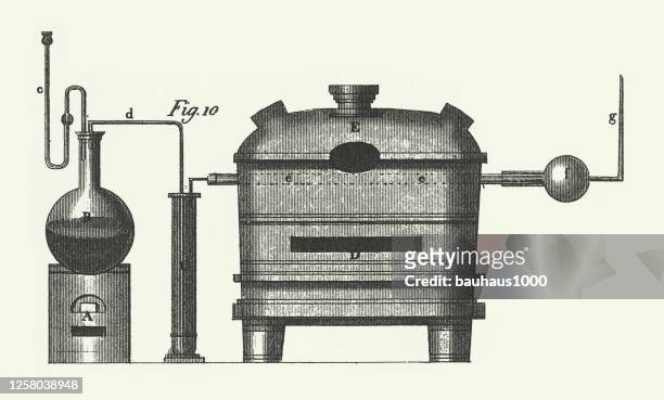 vintage, combustion furnace, chemical apparatus and equipment engraving antique illustration, published 1851 - condensation furnace stock illustrations