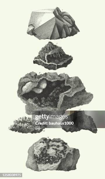 vintage, quarz, faserige braunhämatit, asbest, stilbite, zinnerz in granit, mineralien und ihre kristallinen formen gravur antike illustration, veröffentlicht 1851 - asbestos stock-grafiken, -clipart, -cartoons und -symbole