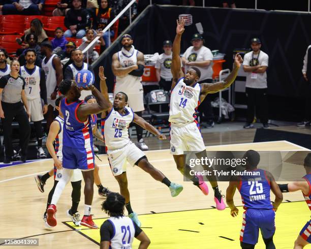 Metcalf of Team Dwyane blocks shot during the game during Ruffles NBA All-Star Celebrity Game as part of 2023 NBA All Star Weekend on Friday,...