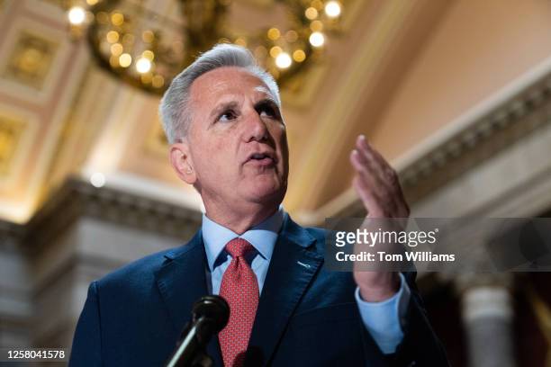Speaker of the House Kevin McCarthy, R-Calif., talks with reporters about the debt ceiling negotiations in the U.S. Capitol's Statuary Hall on...