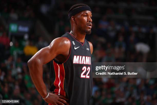 Jimmy Butler of the Miami Heat looks on during Game Five of the Eastern Conference Finals against the Boston Celtics on May 25, 2023 at the TD Garden...