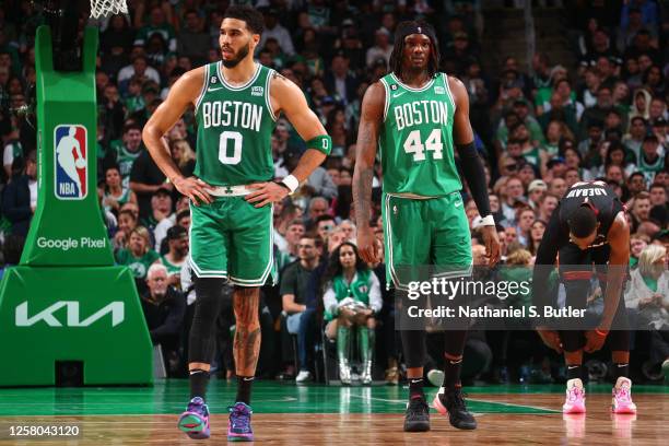 Jayson Tatum and Robert Williams III of the Boston Celtics during Game Five of the Eastern Conference Finals against the Miami Heat on May 25, 2023...