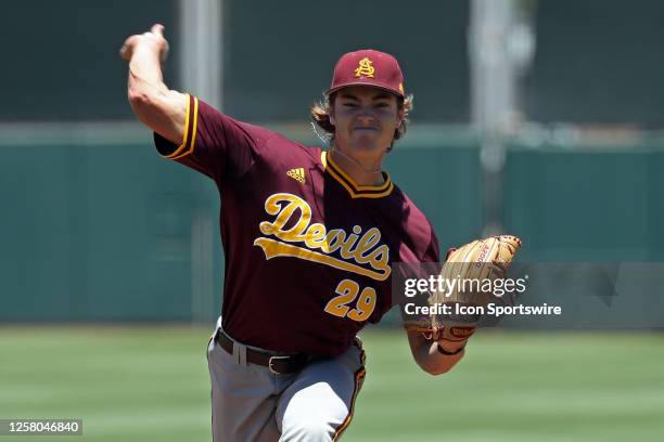 Arizona St. Pitcher Owen Stevenson comes into relief pitch during a Pac-12 Baseball Tournament game between the Arizona State Sun Devils and the...