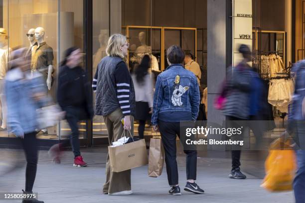 Shoppers on Oxford Street in London, UK, on Thursday, May 25, 2023. UK retailers saw sales jump more than expected last month, recovering from heavy...