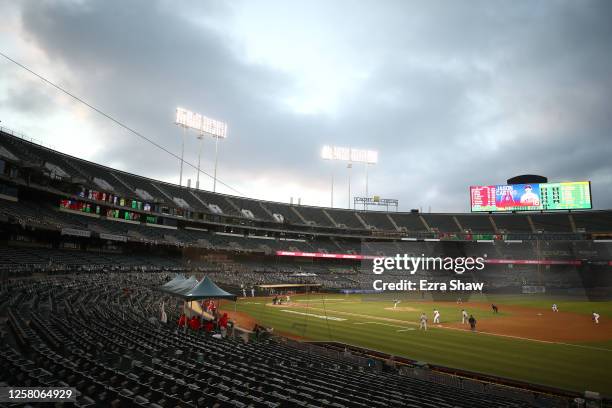 General view of he empty stadium during the Oakland Athletics game against the Los Angeles Angels during opening day at Oakland-Alameda County...