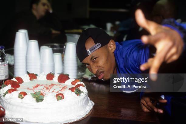 Rapper Fredro Starr of the Rap Group Onyx celebrates his 25th birthday with a cake at the offices of Def Jam Records on April 12, 1996 in New York...