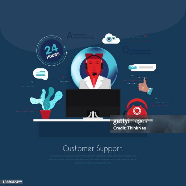 customer support. call center operator with headset at computer. - it worker red stock illustrations