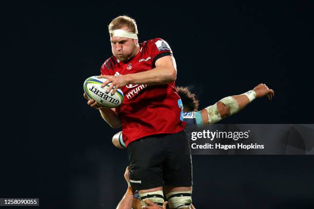 Mitchell Dunshea of the Crusaders secures lineout ball during the round 7 Super Rugby Aotearoa match between the Crusaders and the Hurricanes at...