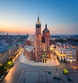 Aerial view of  St. Mary's Basilica in Krakow, Poland