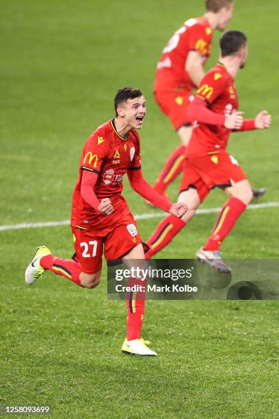 Louis D’Arrigo of United celebrates after Paul Izzo of United saved a penalty spot kick from Ulises Davila of the Phoenix during the round 26...