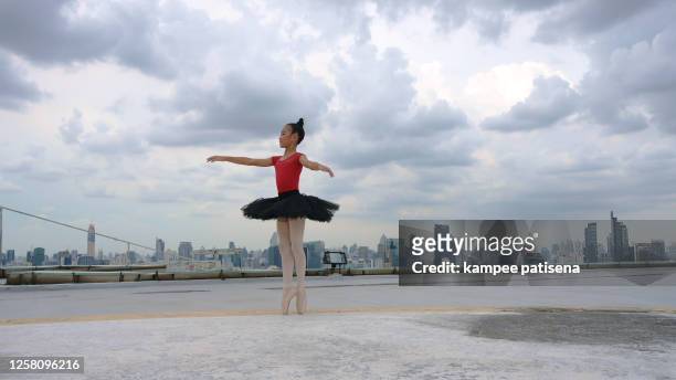 Ballet cute girl dancer in black tutu posing on rooftop.