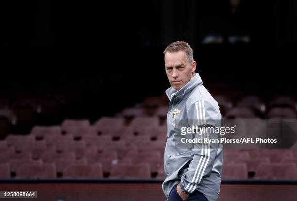 Alastair Clarkson, coach of the Hawks, looks on during the round 8 AFL match between Sydney and Hawthorn at Sydney Cricket Ground on July 25, 2020 in...