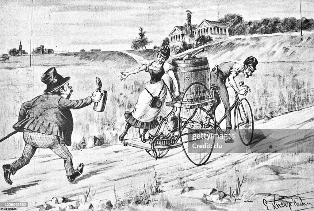 Freshly tapped beer on the beer cart bike, man running for it, Munich, Theresienwiese