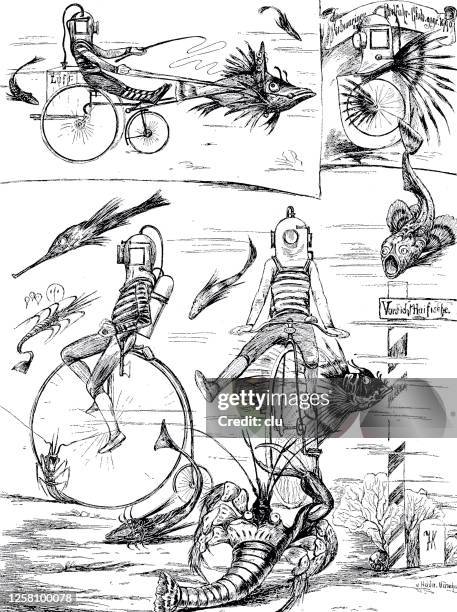 bicycling adventures on the sea ground - weird hobbies stock illustrations