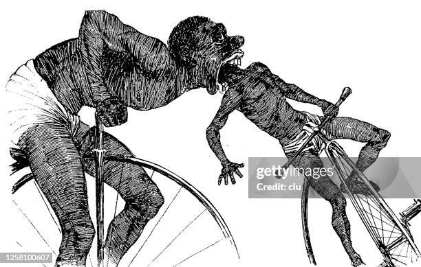 cannibal hunting on a penny farthing bicycle - cannibalism stock illustrations