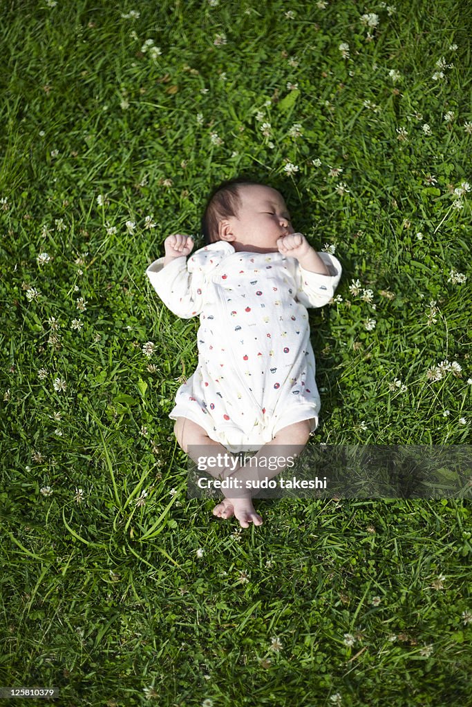 Baby lie down on the grass.