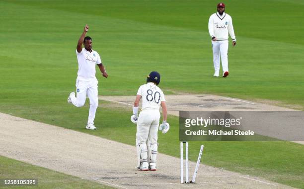 Shannon Gabriel of West Indies celebrates the wicket of Ollie Pope of England during Day Two of the Ruth Strauss Foundation Test, the Third Test in...