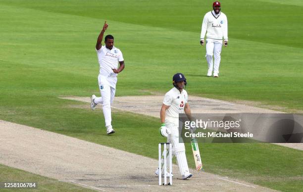 Shannon Gabriel of West Indies celebrates after taking the wicket of Jos Buttler of England during Day Two of the Ruth Strauss Foundation Test, the...