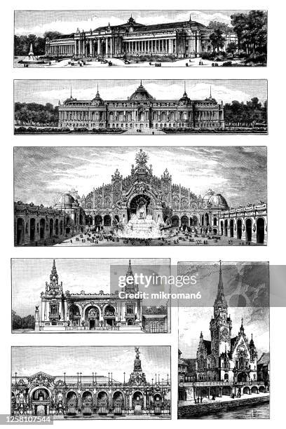 old engraved illustration of paris exhibition buildings - grand palais photos et images de collection