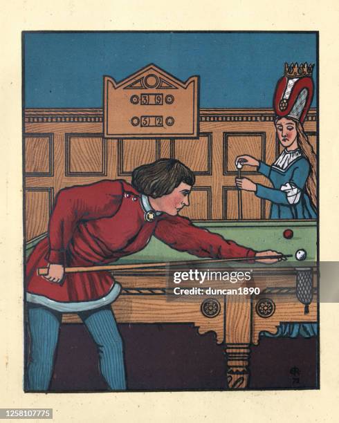 medieval couple playing billiards or snooker, comic illustration - billiards artwork stock illustrations