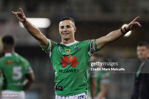 Harley Smith-Shields of the Raiders celebrates victory during the round 11 NRL match between the Canberra Raiders and the South Sydney Rabbitohs at...