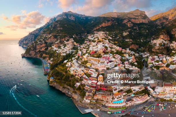 positano, amalfi coast, italy. aerial view. - positano stockfoto's en -beelden